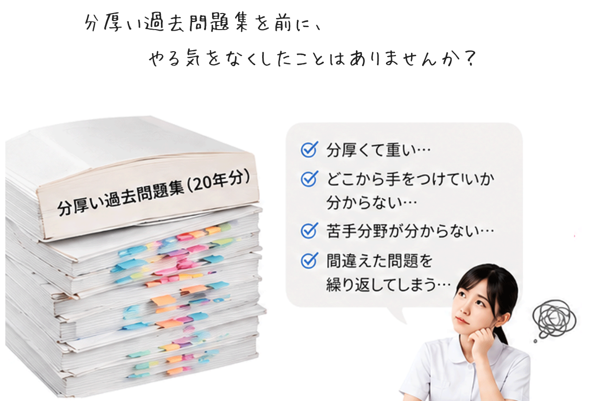 理学療法士国家試験の分厚い過去問題集で学習に悩む受験生